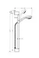 Brauseset mit verstellbarer Brausestange, flexibler Schlauch und Handbrause. Marke: Hansgrohe. Technische Zeichnung mit Maßen und Details zur Montage.